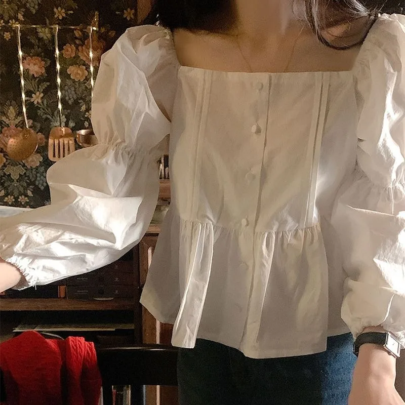 QWEEK camicia corta bianca Casual in stile coreano camicette eleganti e giovanili Chic manica a sbuffo collo quadrato accogliente abbigliamento donna graziosa