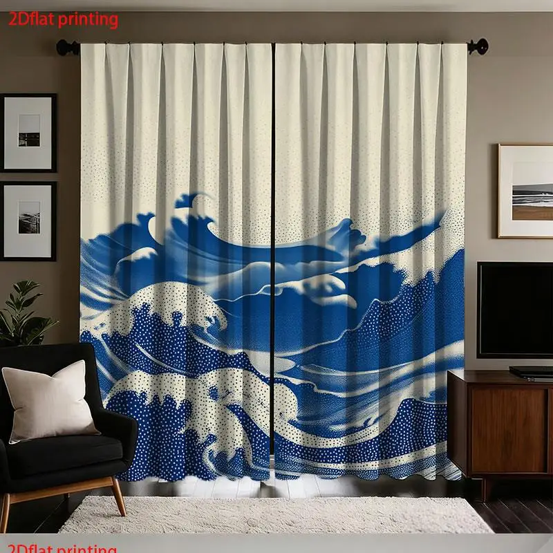 2pcs Blue Wave Art Curtains Pair Modern Beige Polka Dot Ocean Print Japanese Style Living Room Window Curtain Decoration