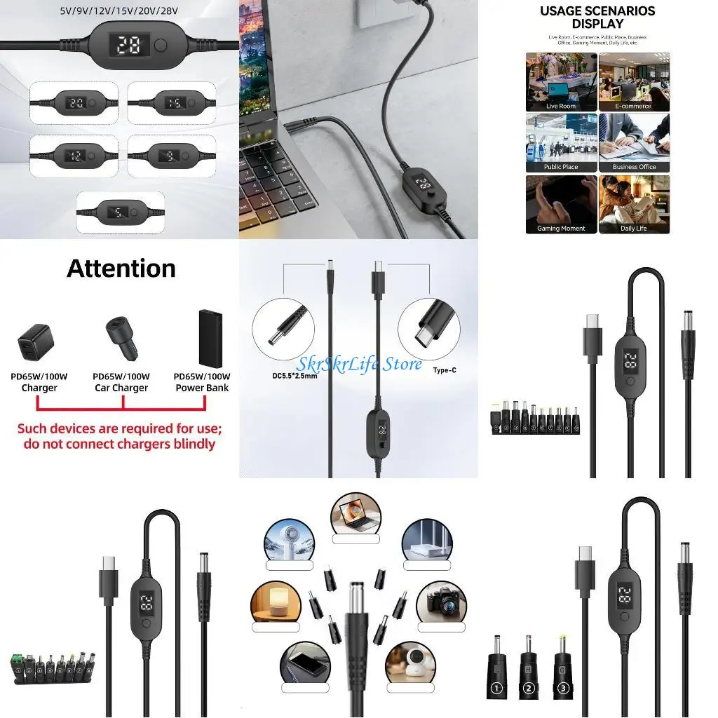

E65E Type C to DC5525 Power Cable Adjustable Voltages 5V 9V 12V 15V 20V 28V with Digital Display for Easy Switching