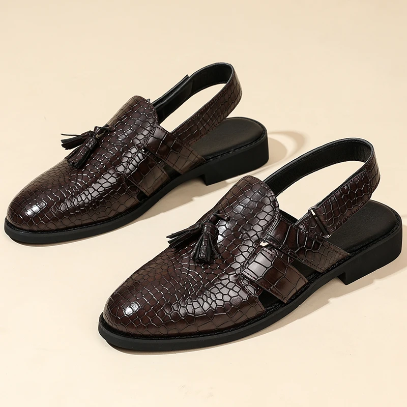 

2026 New Pointed Men's Summer Fashion Crocodile-Pattern Leather Sandals Gladiator-Style Slippers Garden Beach Shoes for Men