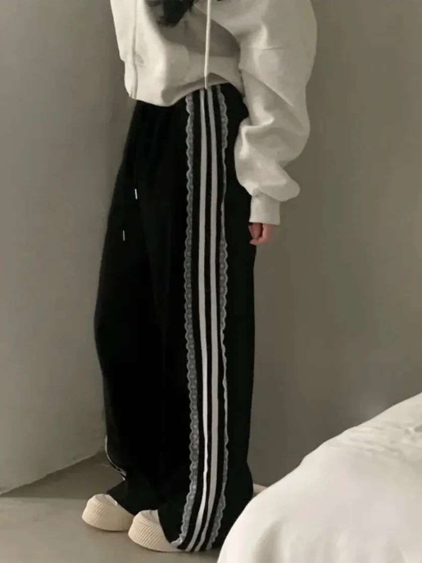 Coreano sle calças casuais femininas rendas guarnição emenda cintura elástica calças compridas versátil design de emagrecimento inverno novo sle