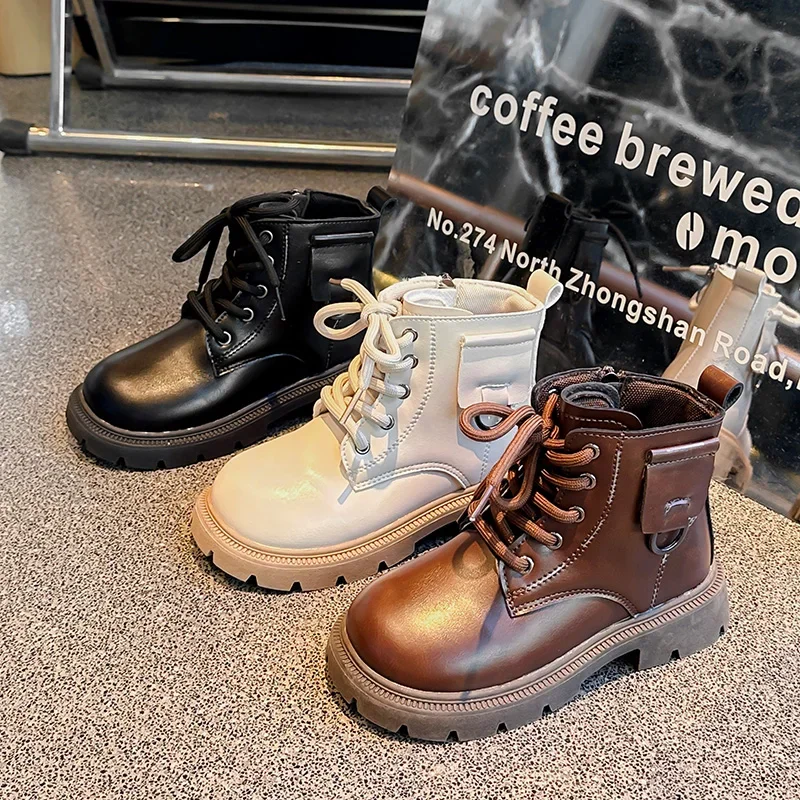 

Children Platform Ankle Boots New Round-toe Black Boots for Girl Solid Color Causal Kids Fashion Short Leather Boots Side Zipper