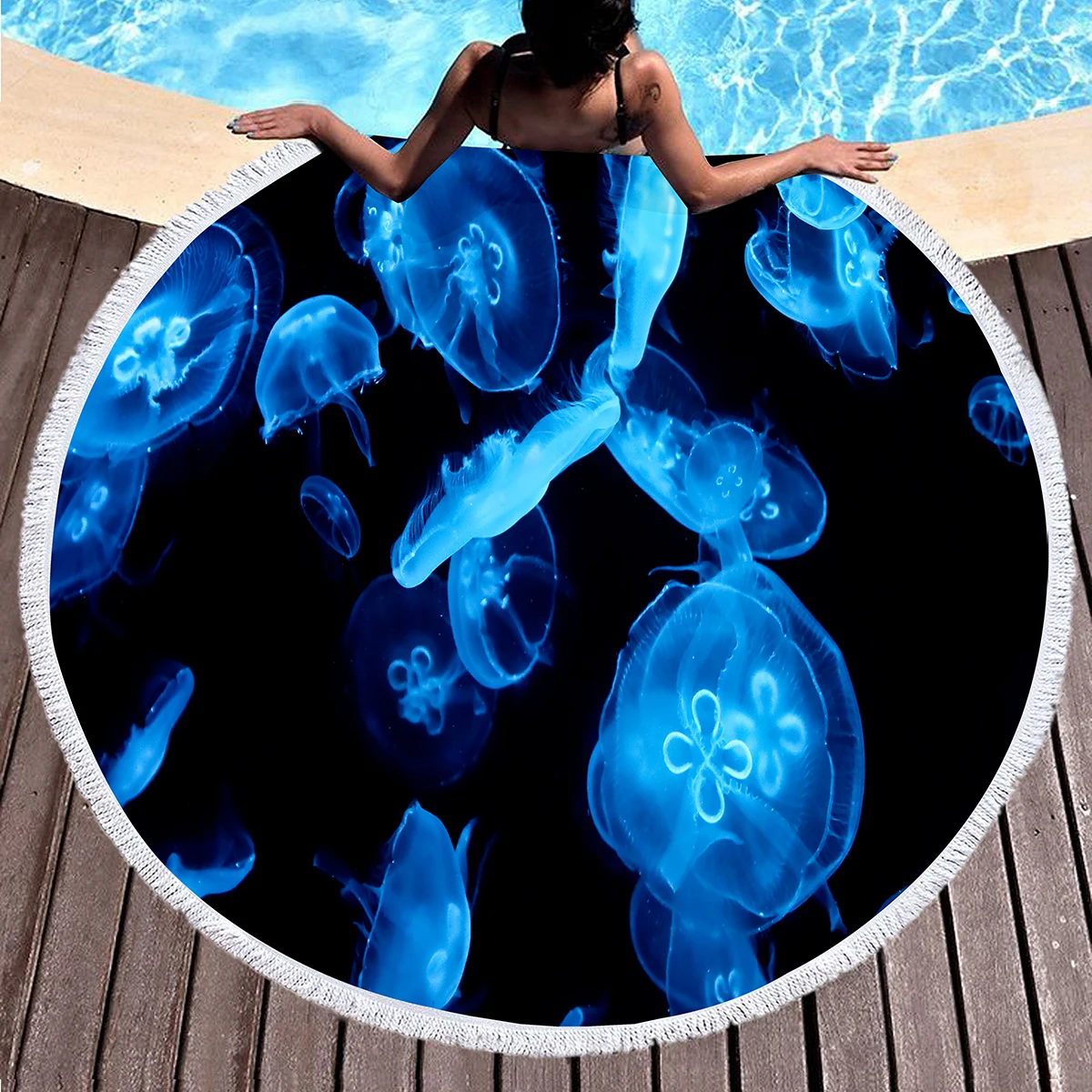 Jellyfish Round Beach Towel,Colorful Printing Sand Resistant Beach Blanket,Absorbent Quick Dry Pool Towel Portable Picnic Mat