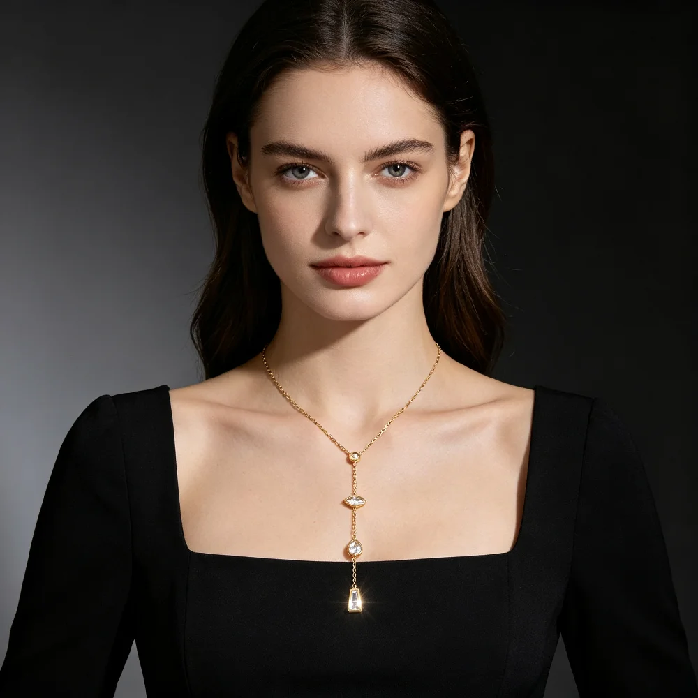 1 Stück AENSOA Damen Edelstahl Halskette Zierliche Geometrische Zirkon Anhänger Halskette Klassischer Romantischer Party Schmuck Geschenk – Detail 2