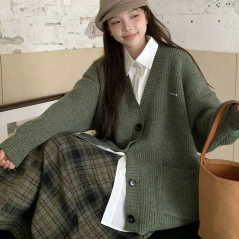 Preppy Style Cardigans for Women Long Sleeve Knitted V-neck Solid All-match Warm Ins Fashion Loose Ulzzang Elegant Spring Autumn