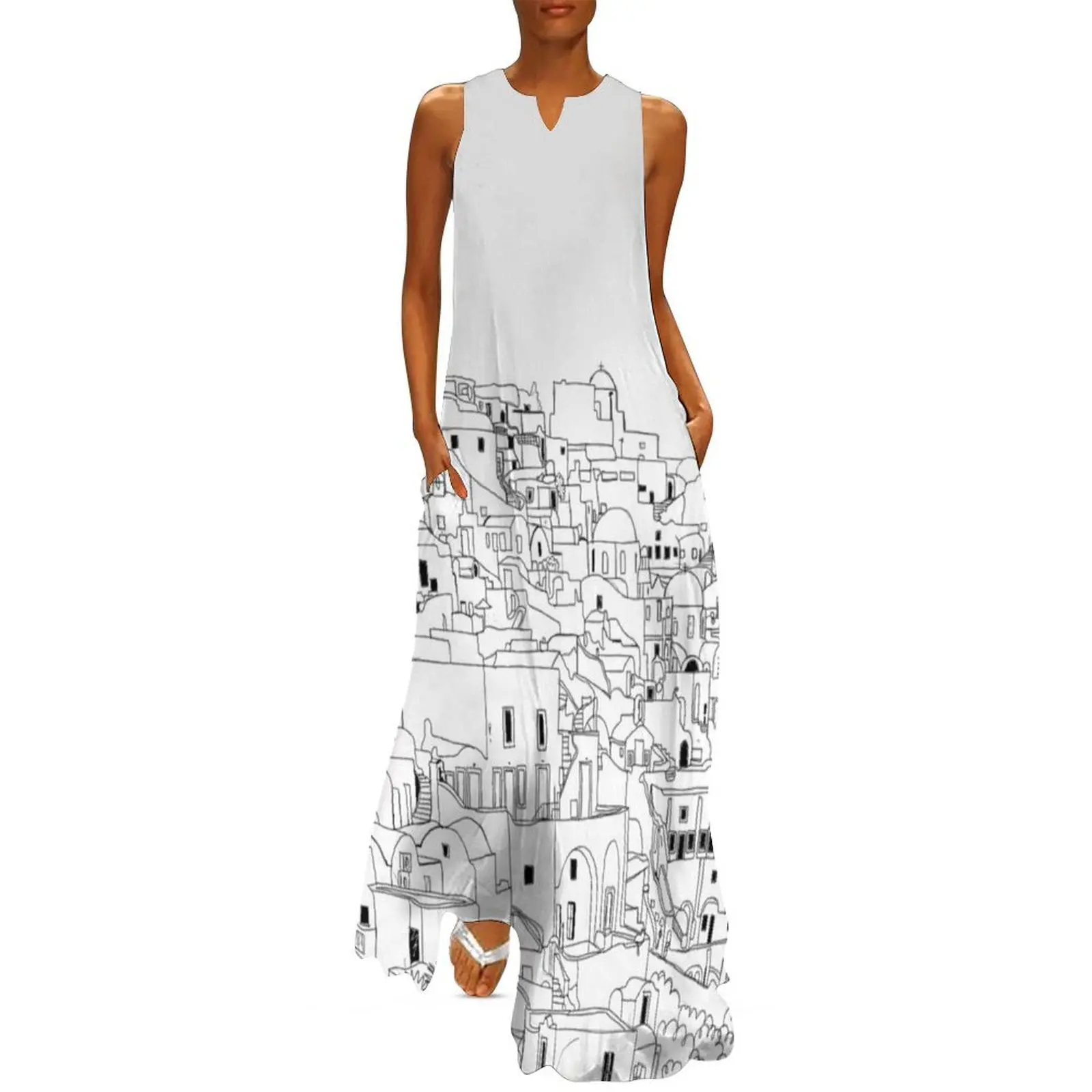 

Santorini Black White Greece Greek Art Long Dress Evening gown elegant party dress for women 2025 women's evening dresses Dress