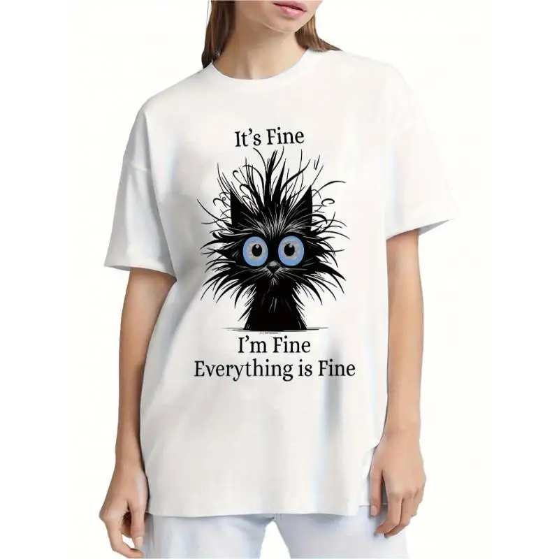 

Whimsical 'It's Okay, I'm Fine, Everything Is Fine' Women's Cat Graphic T-Shirt - Light Beige Casual Fit Round Neck Short Sleeve