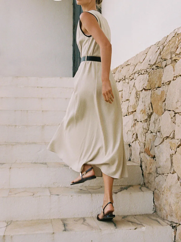 فستان نسائي صيفي جديد أنيق بطول متوسط مع حزام، قماش مختلط، خصر مرتفع، تنورة على شكل حرف A، أسلوب الشارع، ياقة على شكل V، أكما...