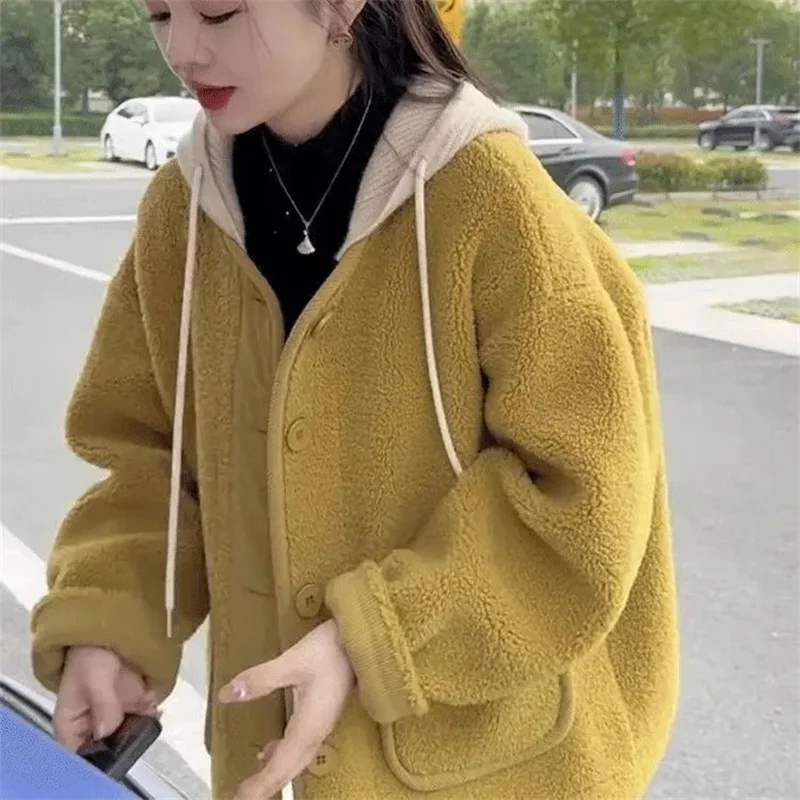 

Женская мода, утепленное флисовое пальто из ягненка, осень-зима, женская куртка большого размера 4XL, корейская женская зернистая верхняя одежда с капюшоном