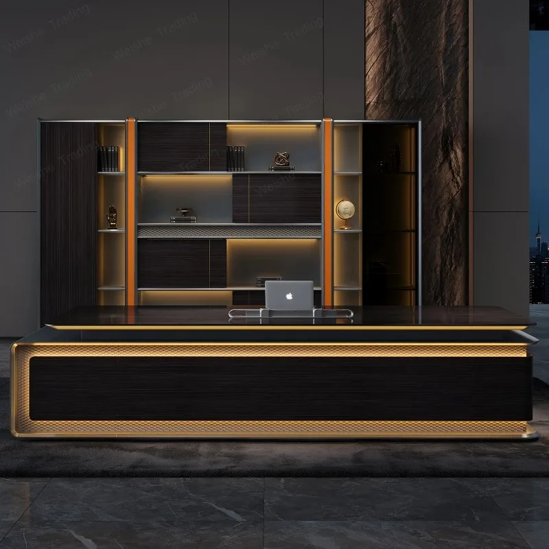 High End Boss Desk, Dual Cabinet Design with Multifunctional Cable Management Box and File Cabinet, Used for The CEO's Office