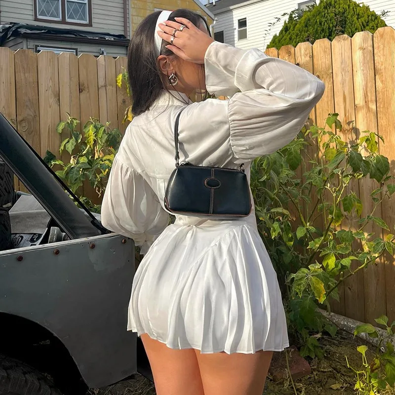 Ticketsx élégant Patchwork simple boutonnage mince chemise robe blanc froncé taille haute à manches longues Mini robe décontracté trajet femmes