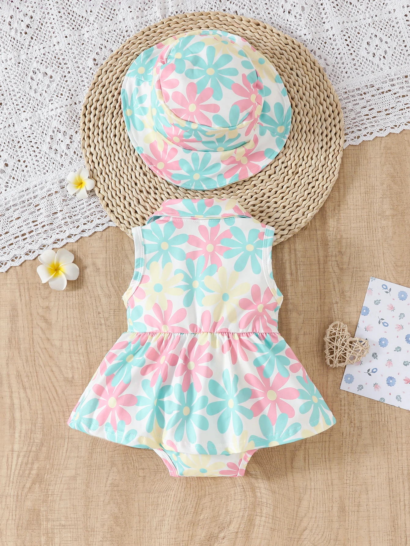 Baby Girl's Summer Casual Lapel Design Sleeveless Doll Blouse with Cute Three-Color Flower Prints Baby Romper