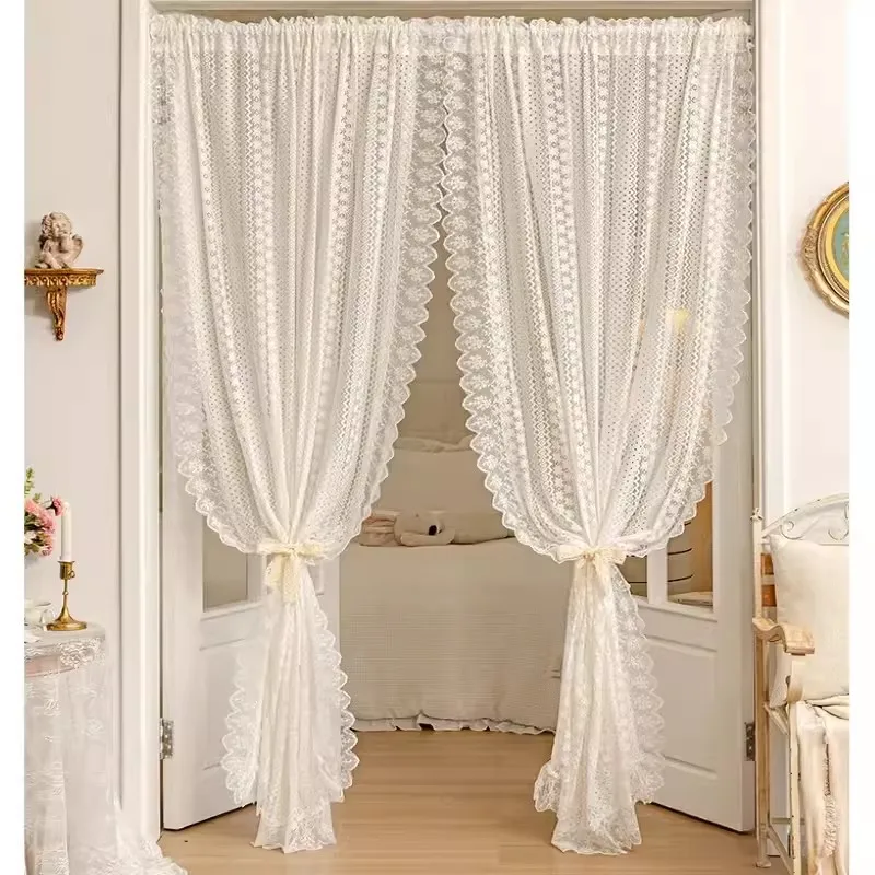 French Retro Lace Tulle Curtain For Bedroom Balcony American Pastoral White Lace Veil Sheer Panel Partition Door Drapes Custom