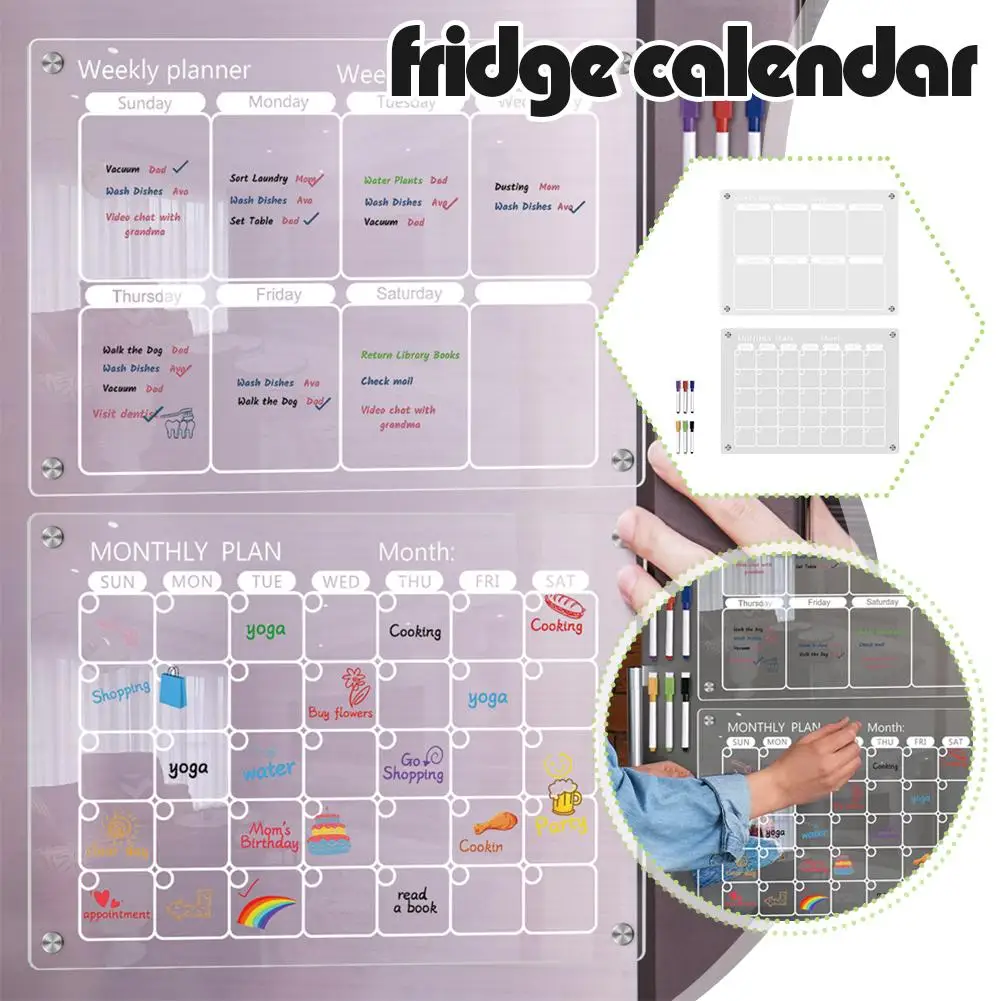 Refrigerator Magnetic Calendar Weekly Plan Calendar DIY Whiteboard Refrigerator With Erasable Message Stickers Pen Board No C9Q1