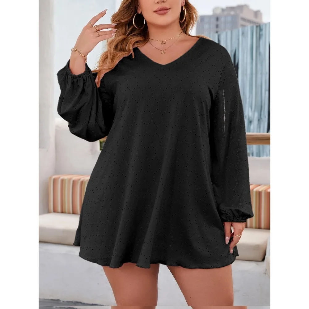 Плюс размер 1XL-5XL, женское однотонное платье с круглым вырезом, весенне-осеннее платье, многофункциональная женская свободная мини-юбка с длинным рукавом