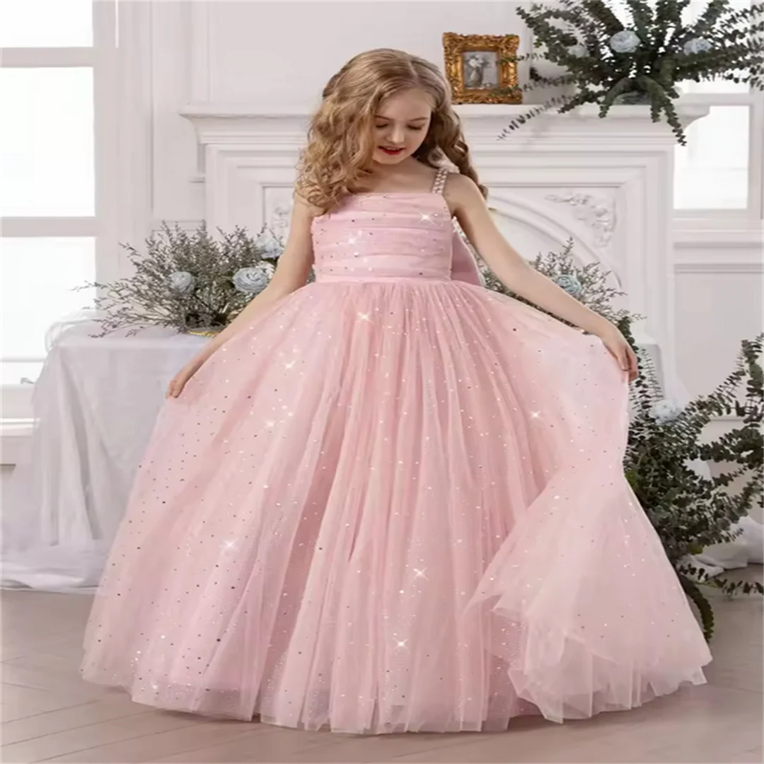 Customized Pink Wedding Dress Pearl Strap Pleated Butterfly Flower Girl Dress Girls A-Line Formal Dress Festival Performance Dre
