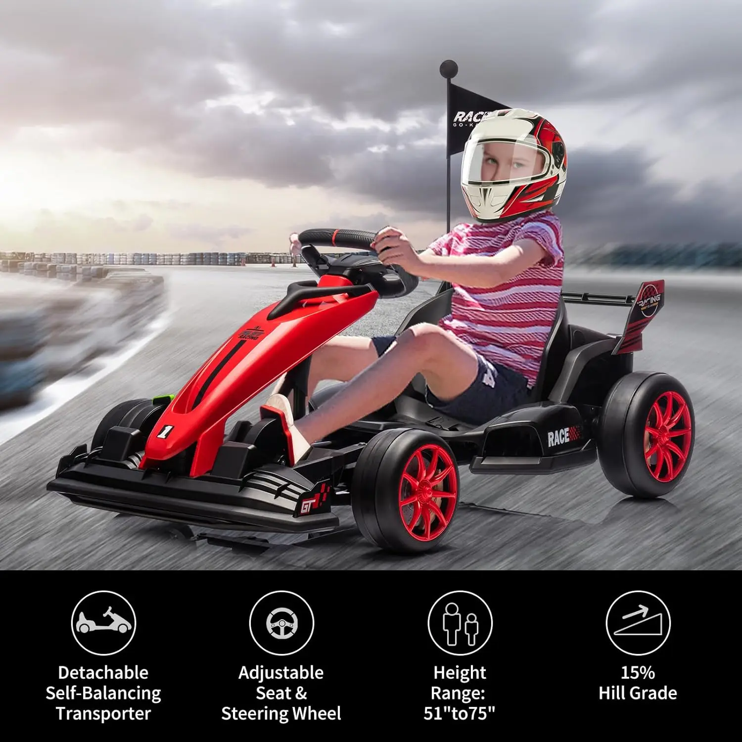 24 V 300 W elektrischer Drift-Kart für Kinder, 8,5 MPH, verstellbarer Sitz, Fahrt auf Spielzeug, 7 Ah-Batterie, leise EVA-Räder, Doppelpedale, Rennwagen