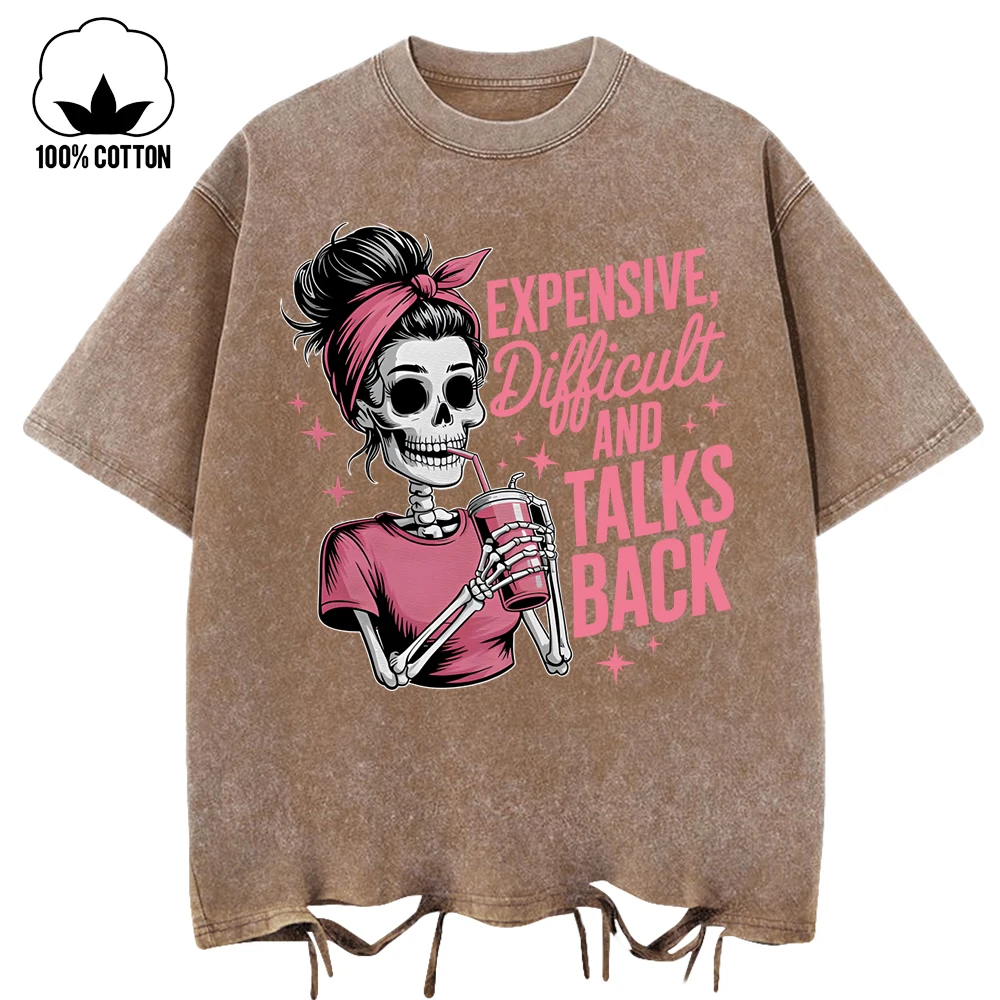 เสื้อยืดผู้หญิงลายหัวกะโหลกพิมพ์สีชมพู แบรนด์ Expensive Talks Back ทรงหลวม คอโอ ผ้าฝ้าย สไตล์สตรีทแวร์ สำหรับฤดูร้อน