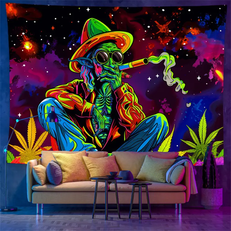 VIKAMA Psychedelic Green Hippie Figure Tapestry Wall Hanging Rainbow Hat Pipe Graffiti Indie Aesthetic Wall Art Dorm Decor