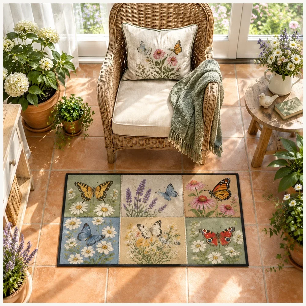 VIKAMA Butterfly Garden Door Mat, Non Slip Foldable Flannel Rug, Meadow Floor Mat for Cloakroom, Hallway, Front Door