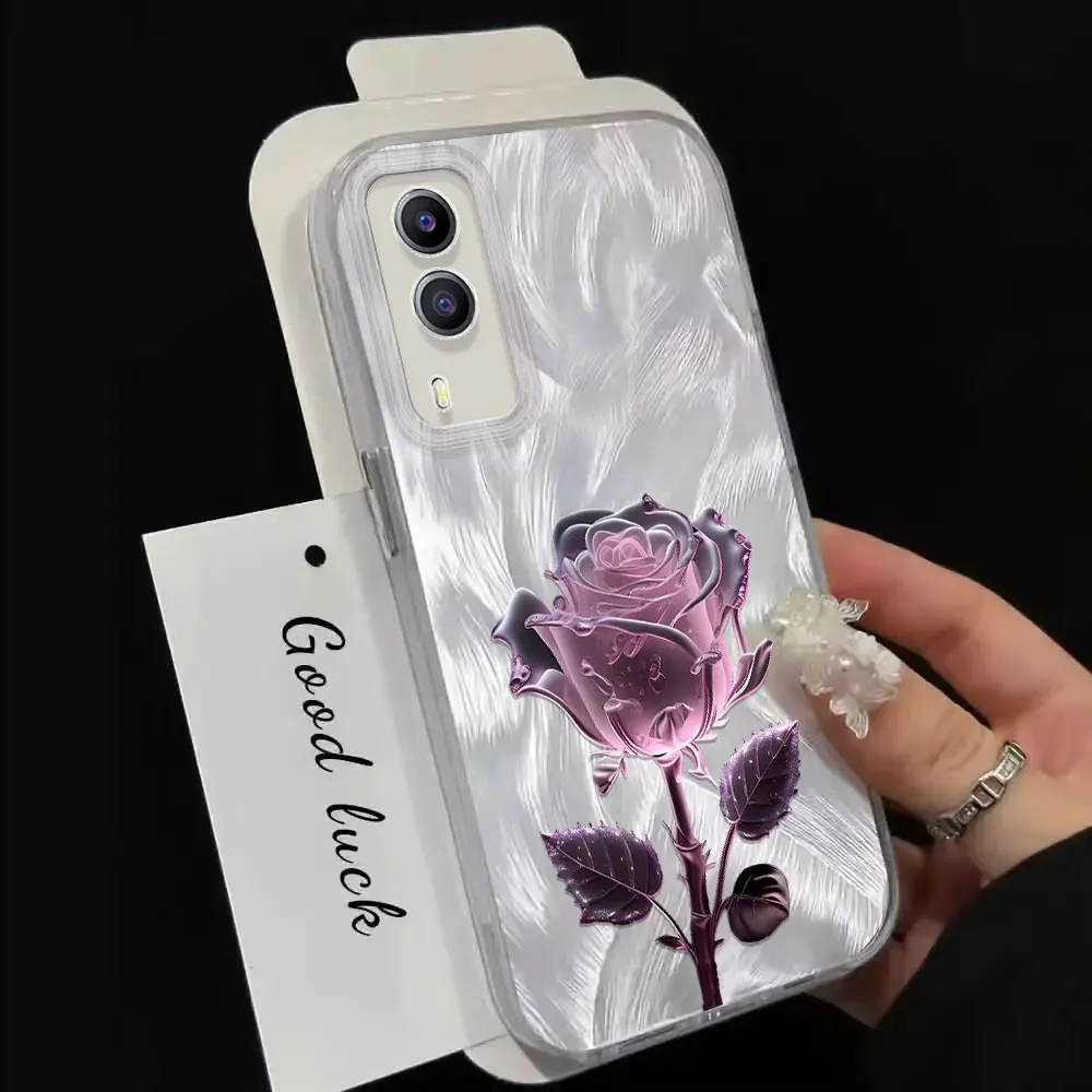 Crystal Rose Print IMD Case For Vivo Y200 Y100 Y95 Y93 Y91 Y90 Y85 Y81 Y78 Y77 Y75 Y70 Y56 Y53 Y51 Feather Yarn Soft Cover Funda