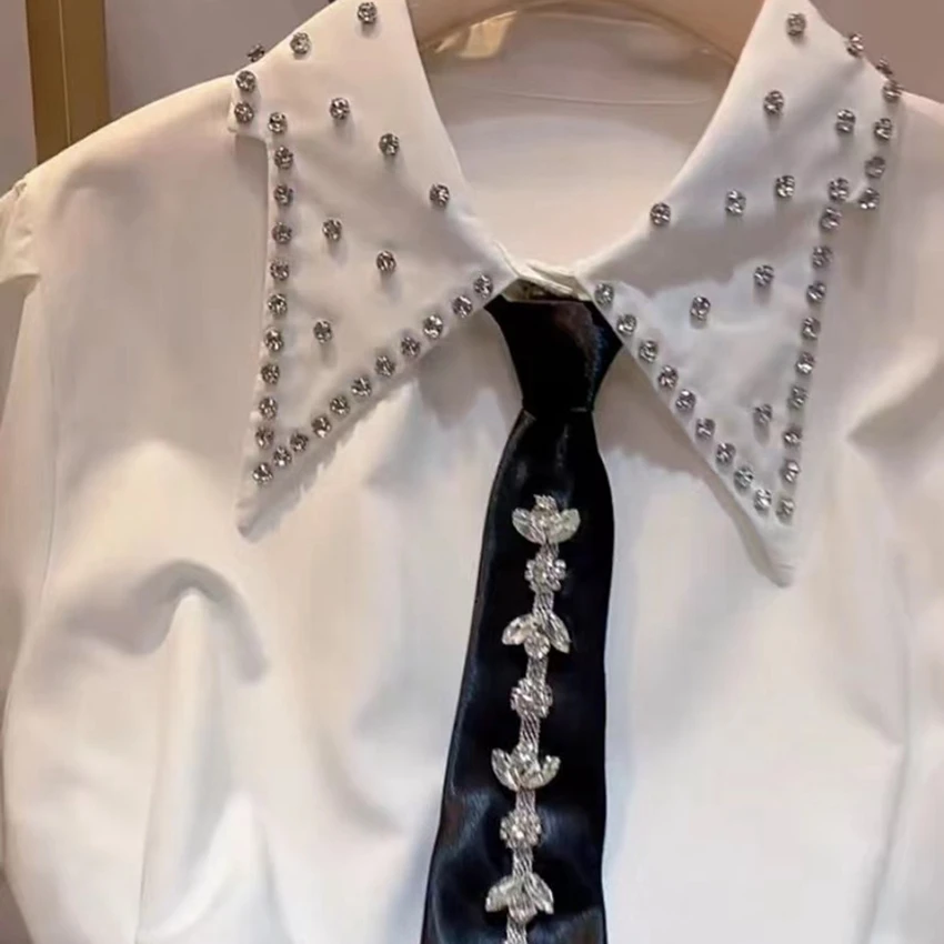 Blingbling diamenty krawat białe koszule damskie 2024 wiosna nowe eleganckie bluzki z długim rękawem damskie dziewczęce Blusas Top