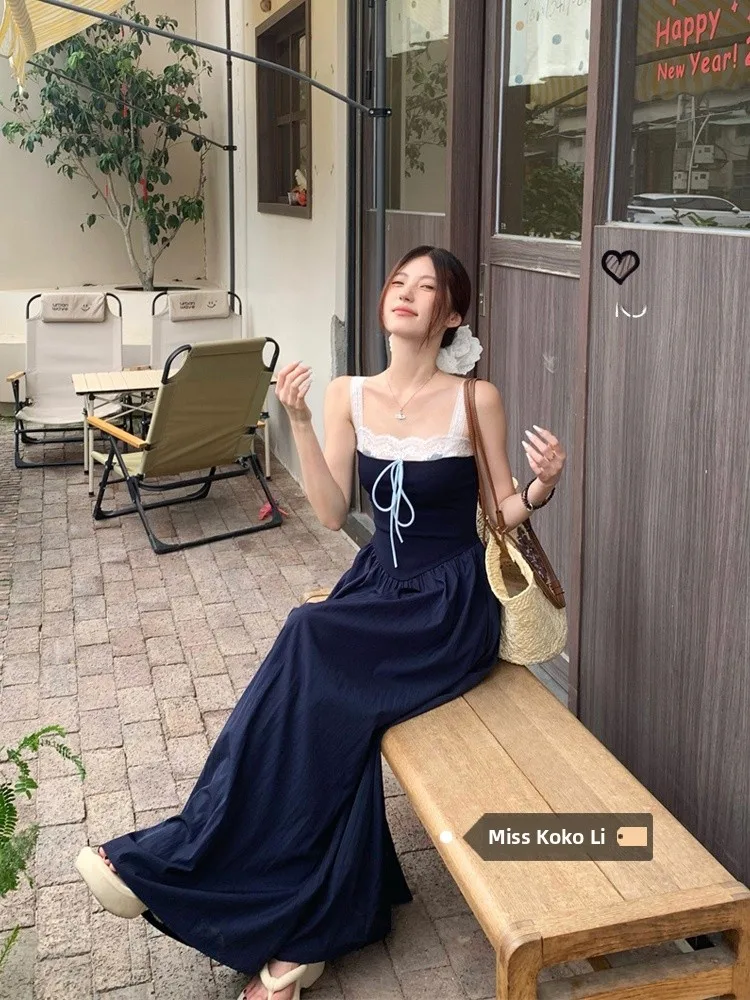 Vestido Cruzado con Cinturón y Encaje E, Vestido  en Línea A, Estilo Casual de Verano para Mujer, Cintura Alta, Es...