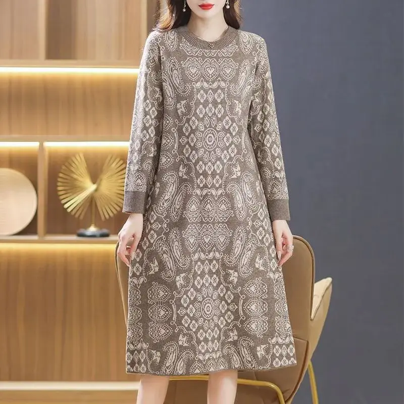 Feminino vintage impressão em torno do pescoço solto vestido floral primavera outono malha base camada vestido casual