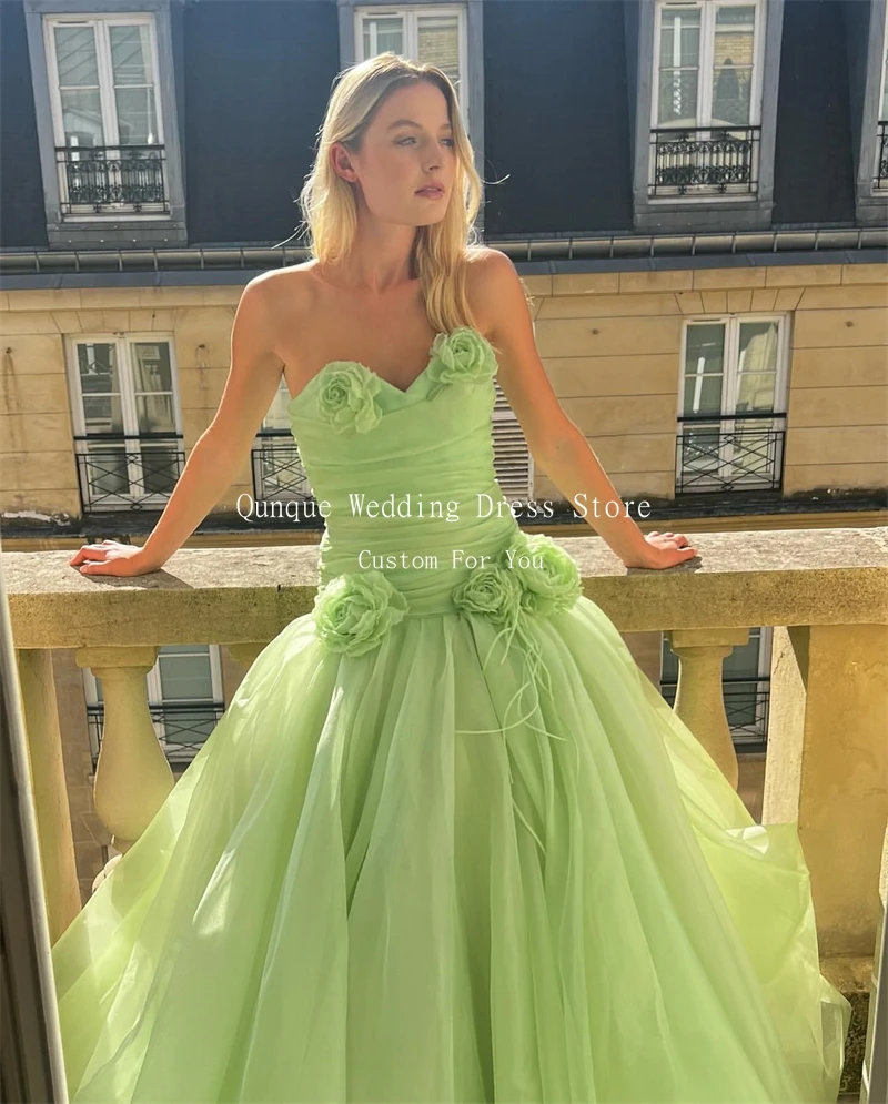 Qunque Mintgroen Avondjurken Sweetheart Organza Galajurk Handgemaakte Bloemen Formele Jurk Korset Robe De Soiree Aangepast