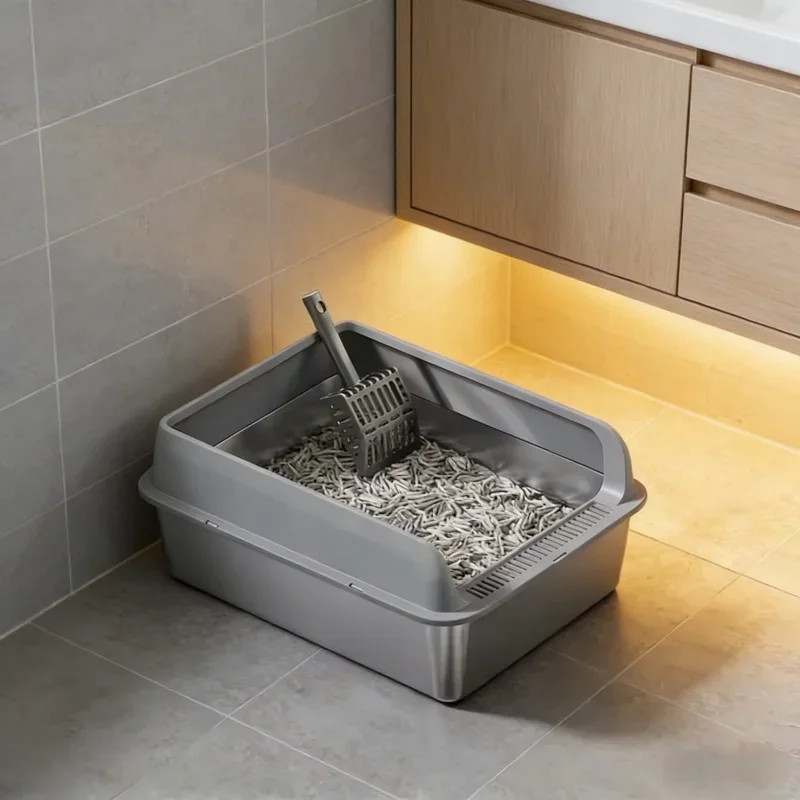 

Полузакрытый лоток для кошачьего туалета из нержавеющей стали, большой емкости, с высокими бортиками, защита от брызг, товары для ухода за питомцами