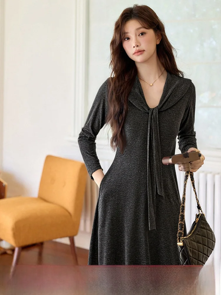 

Женское трикотажное платье больших размеров, утягивающее повседневное платье с запахом на плечах, длинное платье для осеннего сезона, удобное свободное платье Dr