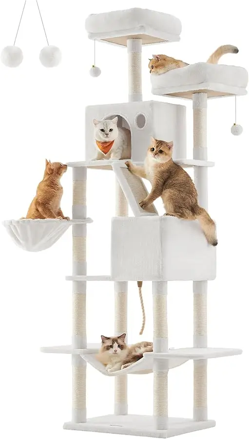 

Feandrea Cat Tree, 81.1-Inch Large Cat Tower with 13 Scratching Posts, 2 Perches, 2 Caves, Basket, Hammock, Pompoms, Multi-Level
