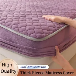 Thick Fleece Mattress Cover Solid Color Quilted Fluffy Bed Sheet Queen/King Size Fitted Sheet for Winter (pillowcase need order)