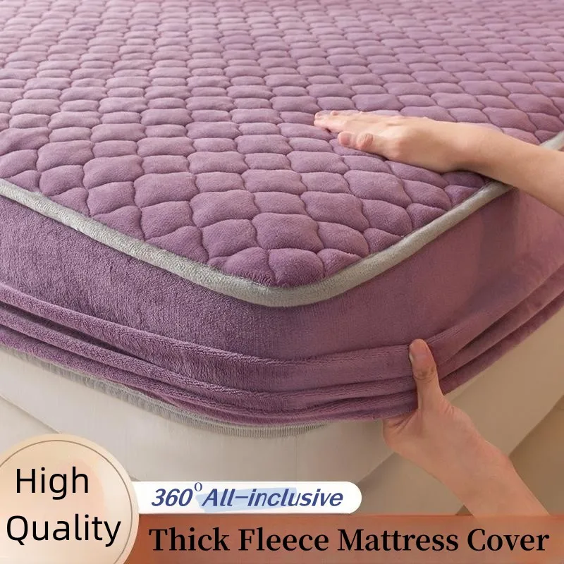 Thick Fleece Mattress Cover Solid Color Quilted Fluffy Bed Sheet Queen/King Size Fitted Sheet for Winter (pillowcase need order)