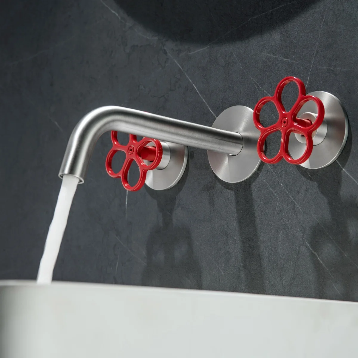 Wall Mounted Basin Faucet Hot and Cold Total Brass Sink Faucet  Vessel Sink Mixer Taps Nickle Brushed Red Handle
