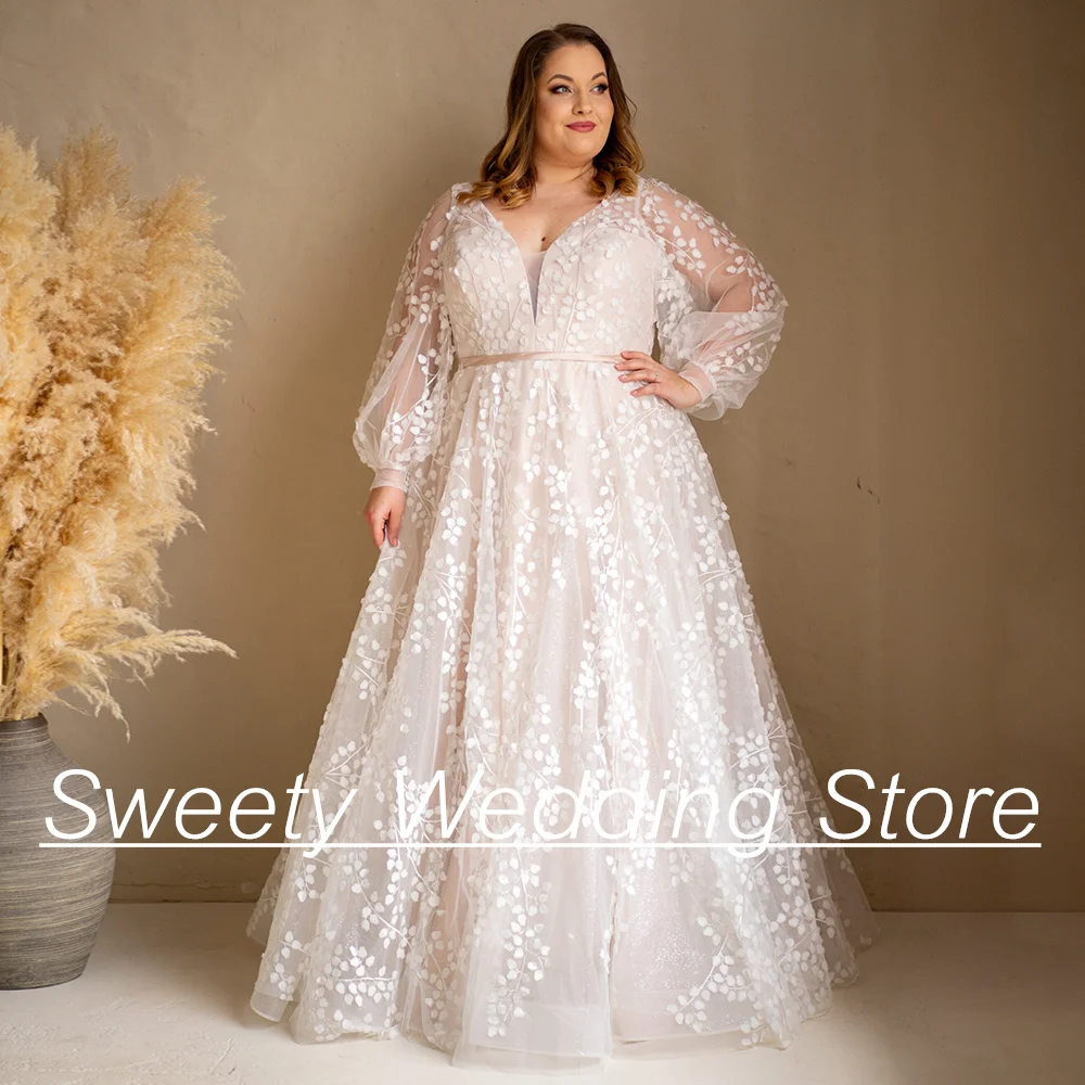 Robe de mariée en dentelle grande taille, manches bouffantes, col en V, ligne A, longueur au sol, robe de patients, grande femme, mariée, 2024