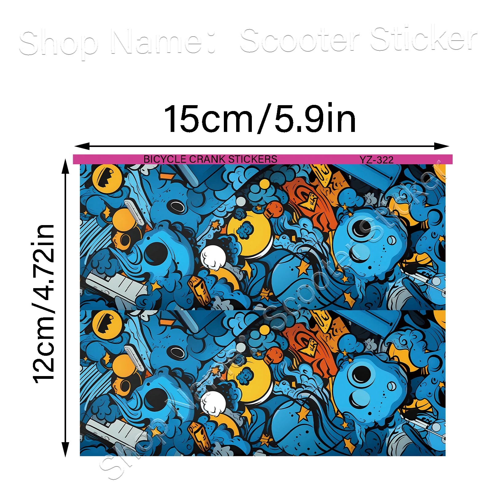 1Pair 2D Flat Blue‑Orange Cartoon Graffiti Vinyl Sticker, Waterproof Decal for MTB Road Bike Crank Arm, Holiday Gift