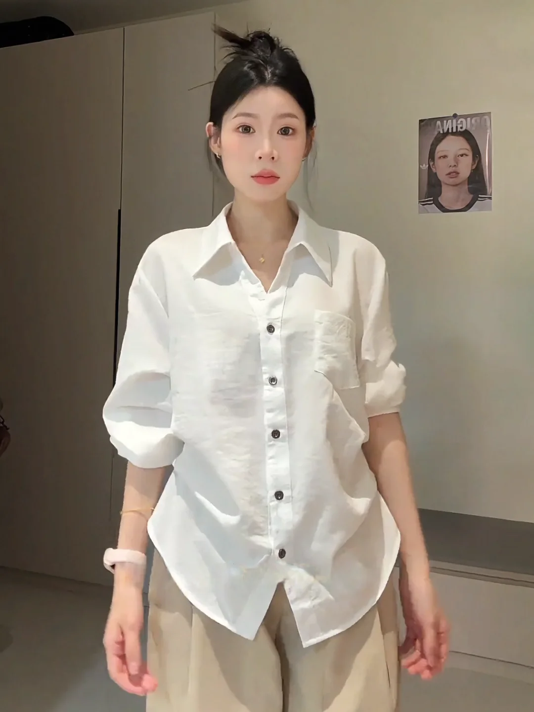 

plus Size Women's Korean Style White Shirt Slimming Waist Design Fashionable Top Breathable Skin-friendly Comfortable Wear