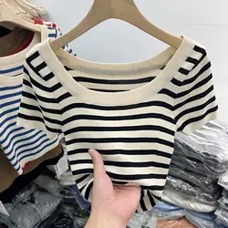 Fashion Korean Simple Casual Versatile Round Neck Striped Ice Silk Knit Short Sleeved T-shirt Women's Patchwork Slim Short Top