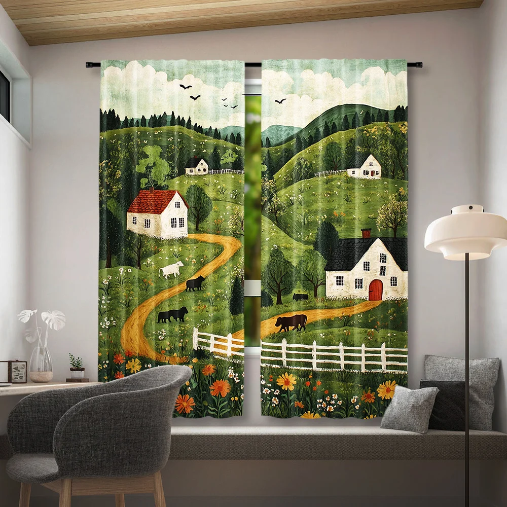 Pastoral Farm Window Curtain 2 Panels, Hand Drawn Rural Cottage Cattle Sheep Colorful Flower Pattern, Drapes Living Room Curtain