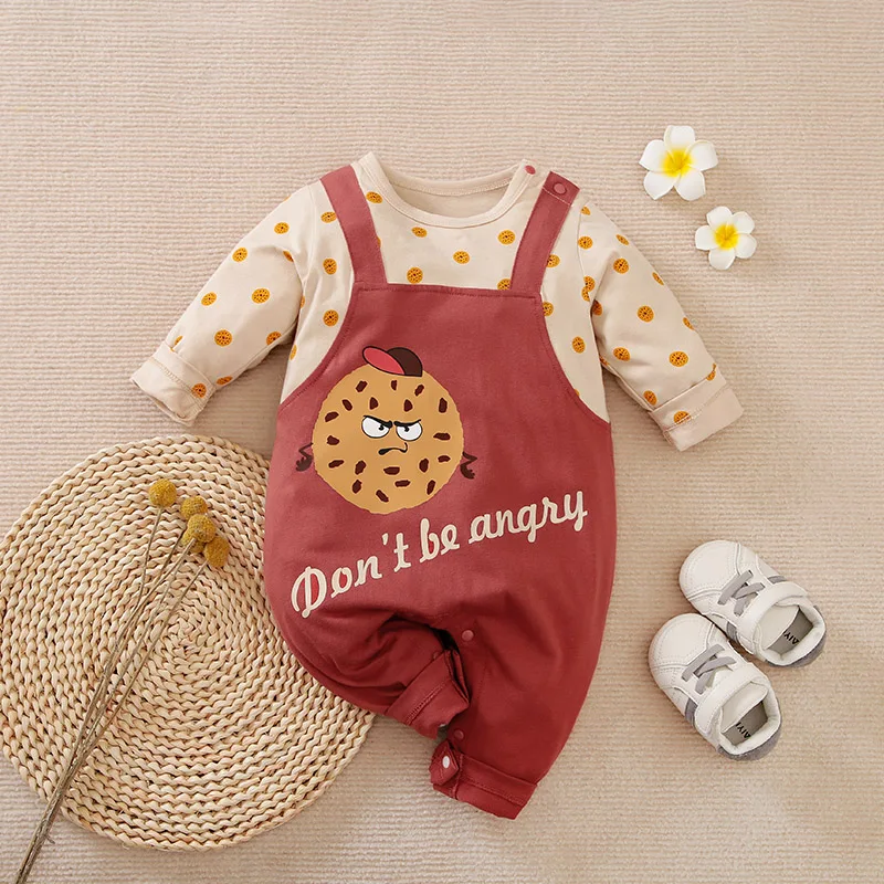 

Newborn BoyAndGirl Cute Cartoon Fake Shoulder Strap Angry Cookies Simple Casual Red Baby Spring And Autumn Long Sleeved Jumpsuit