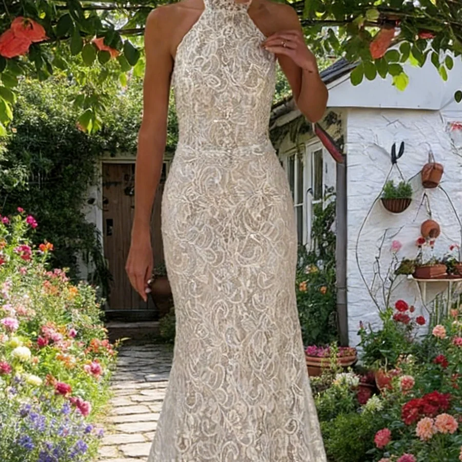 Elegant Halter Collar Lace Graceful Sleeveless Mermaid Bride Wedding Dresses Bridal Gowns Customized