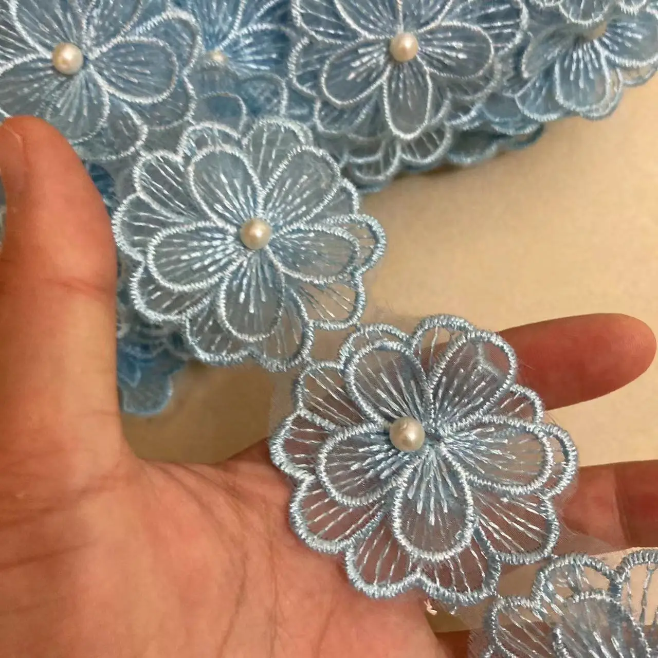 1 yard Blue Pearl Beaded Embroidered Flower Lace Ribbon Trim Floral Applique Patches Fabric Sewing Craft Vintage Wedding Dress