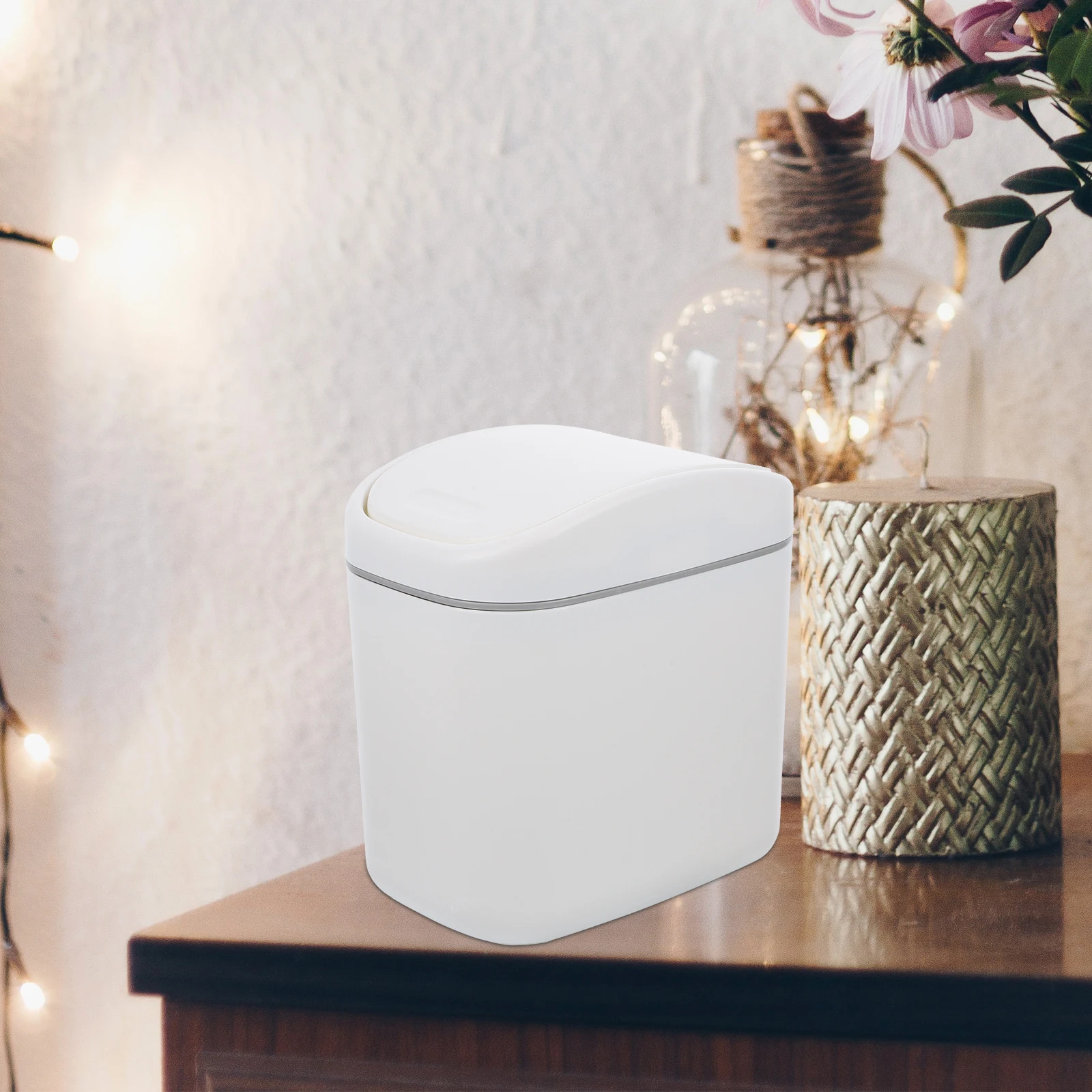 

Flip Trash Can White Grey Durable Plastic Moderate Capacity Bedroom Bathroom Office Desk Countertop Portable Dorm Rv Garbage