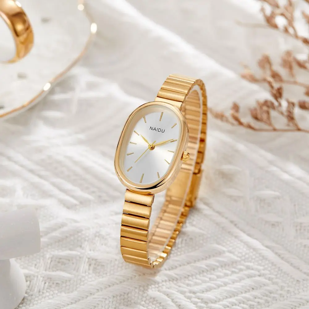 Women Quartz Watch Luxury Oval Shaped Fashion Mini Case Small Roman Numeral Dial Female Full Metal Band Watches Niche Wristwatch