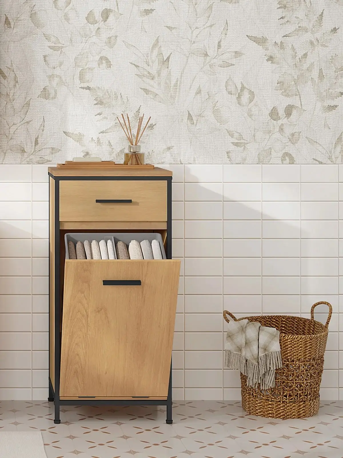 EUGAD Badezimmerschrank 38x80x34cm Schmaler Toiletten-Beistellschrank mit 2 Schubladen Faltbarer Wäschesack Wäscheschrank Badezimmer-Organizer