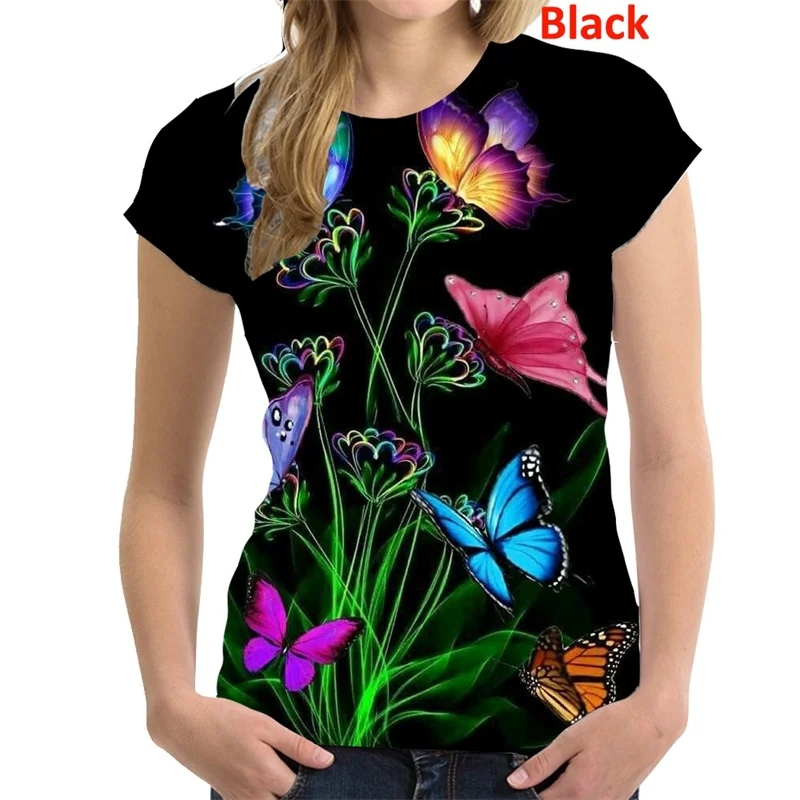 Butterfly Flower Pattern T-Shirt Women Colorful 3D Printed T Shirts Summer Casual Harajuku Loose Tops Short Sleeves O-Neck Tees