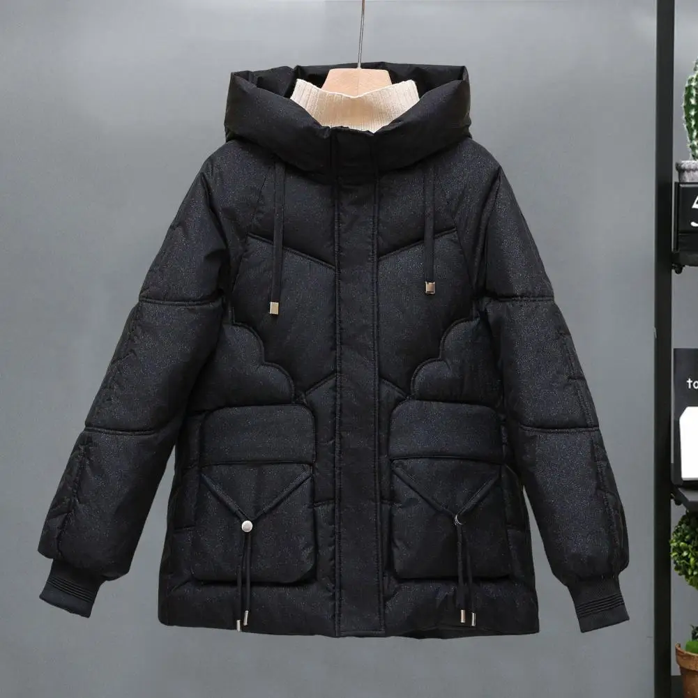 Hooded Jacket Windproof Winter Down Coat With Hood Pockets Drawstring Closure For Weather Outwear Thickened Padded For Heat