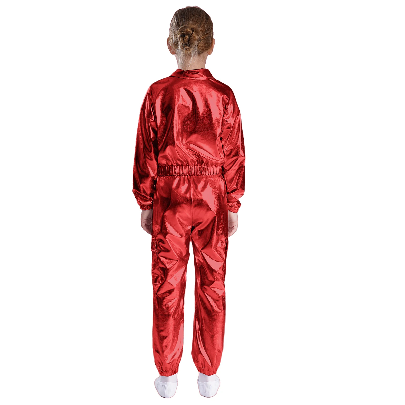 Boys Girls Metallic Shiny Jazz Hip-Hop Street Dance Costume Long Sleeve Athletic Jacket Coat with Pants Performance Dancewear