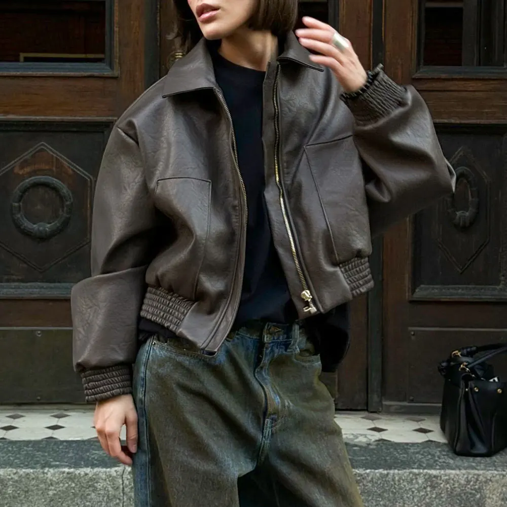 سترة نسائية من جلد البولي يوريثان بتصميم ريترو للدراجات النارية، سترة ربيعية بمزاج شخصي فضفاض كاجوال بتصميم عصري أوروبي أمريكي #4